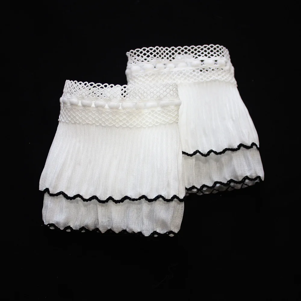 

White Double Layers Fake Sleeves for Women Lace Floral Pleated Ruffled False Cuffs Female Sweater Blouse Wrist Warmers