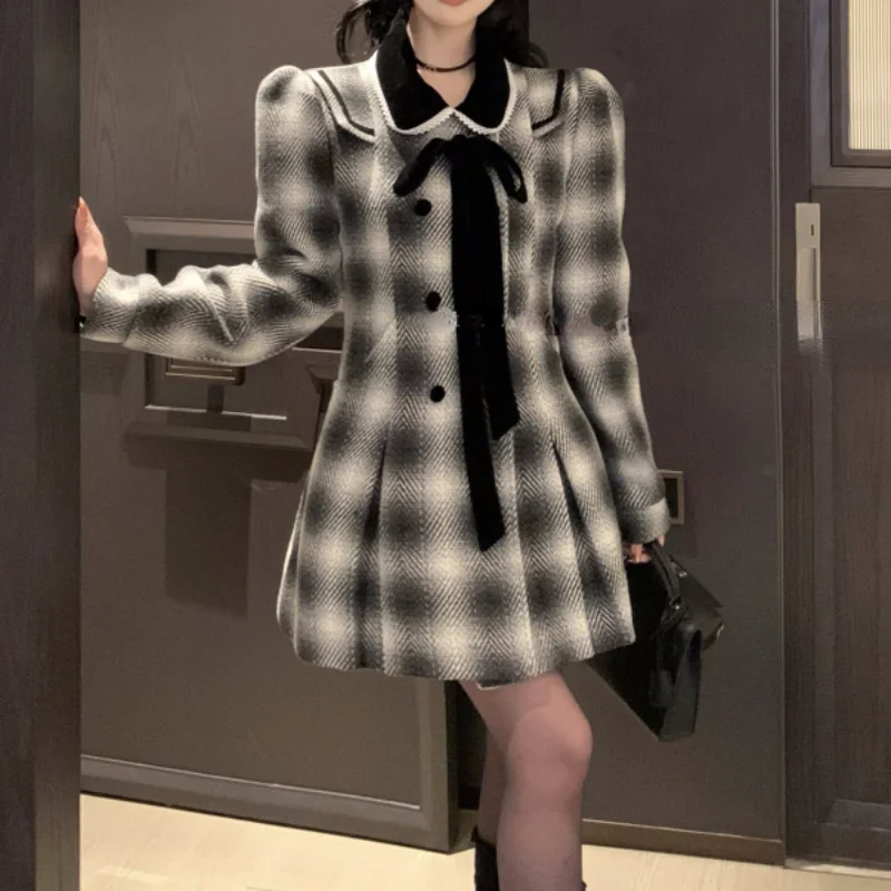 French Small Fragrance Elegant Hepburn Wind Dress Lapel Fashion Plaid Woolen Bow Sweet Chic Mini Dress Vestidos Autumn Winter 
French Small Fragrance Elegant Hepburn Wind Dress Lapel Fashion Plaid Woolen Bow Sweet Chic Mini Dress Vestidos Autumn Winter