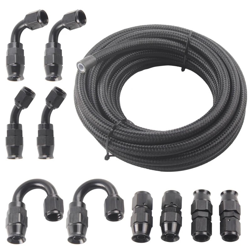 

6AN - AN6 Black Nylon Braided E85 PTFE Fuel Line 20ft 10 Fittings Hose Kit Gas Cooler Hose Braided Inside CPE Rubber