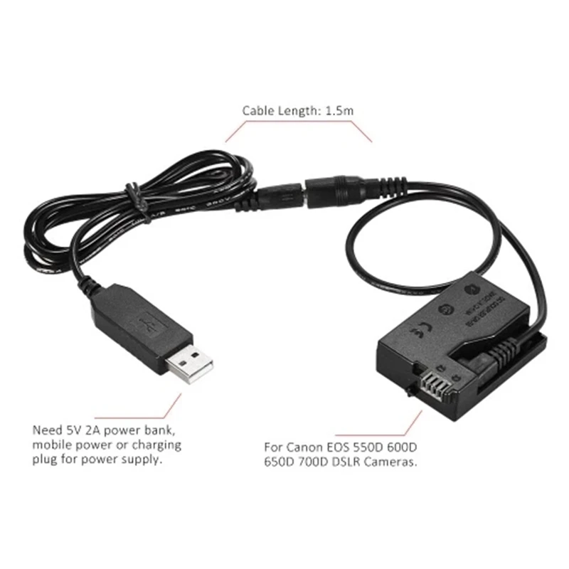 

DR-E8 Dummy Battery with DC Power Bank USB Adapter Cable Replacement for LP-E8 for Canon EOS 550D 600D 650D 700D DSLR Cameras