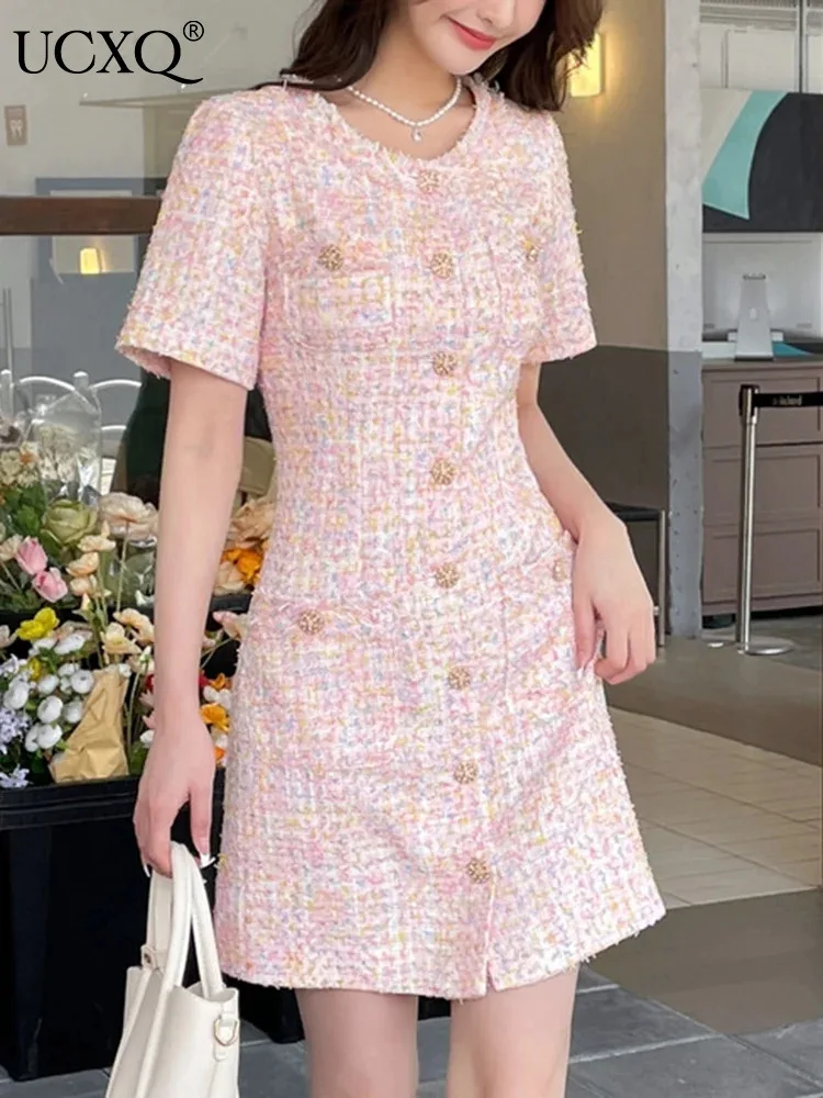 

UCXQ Korean Style Coarse Tweed O Neck Cardigan Short Sleeve Dress Elegant Pink Waist Cinched Dress Women 2024 Spring Summer 8121