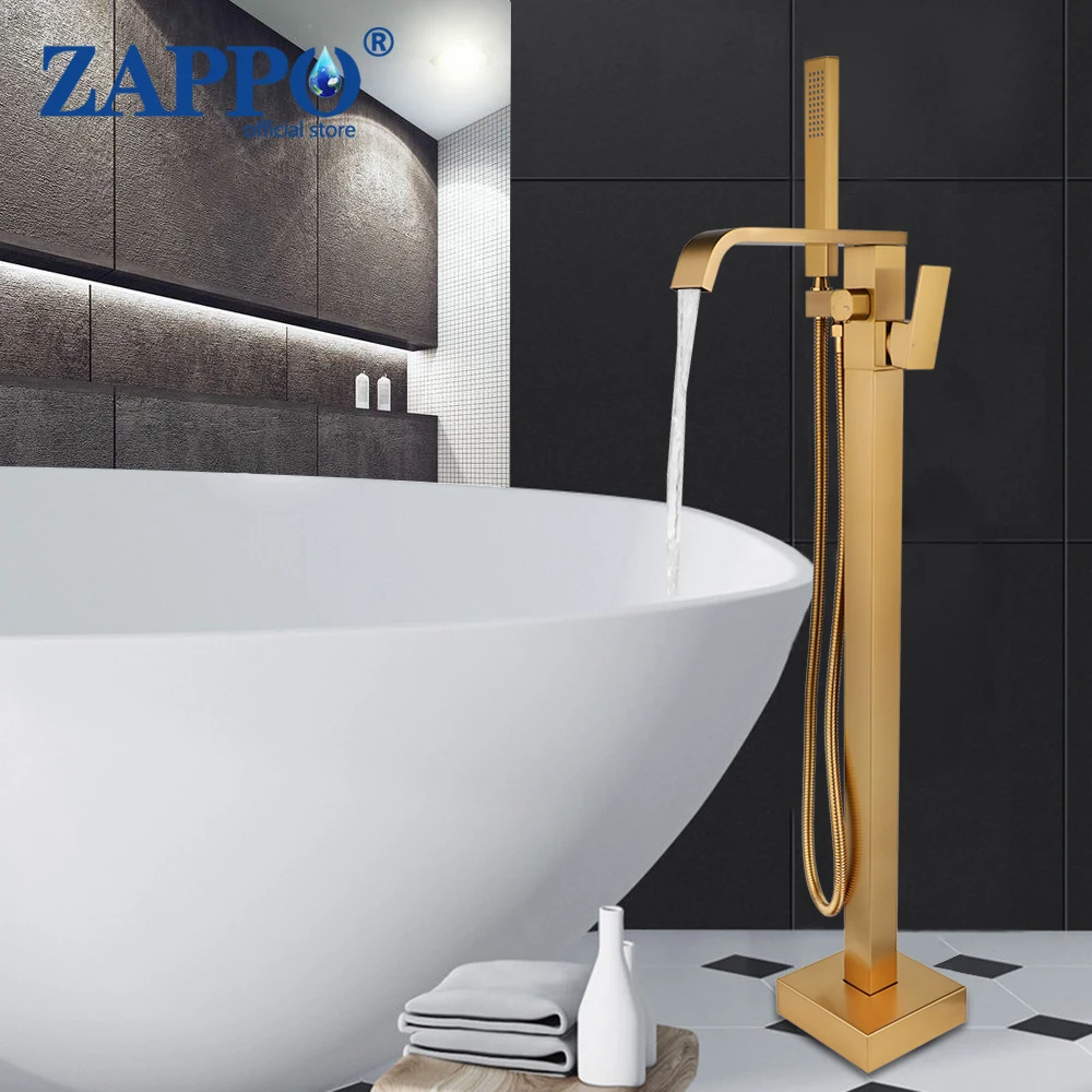 

ZAPPO Freestanding Bathtub Shower Systerm Tub Filler Brushed Gold Bathroom Faucet Brass 360 Swivel waterfall Faucet Mixer Tap