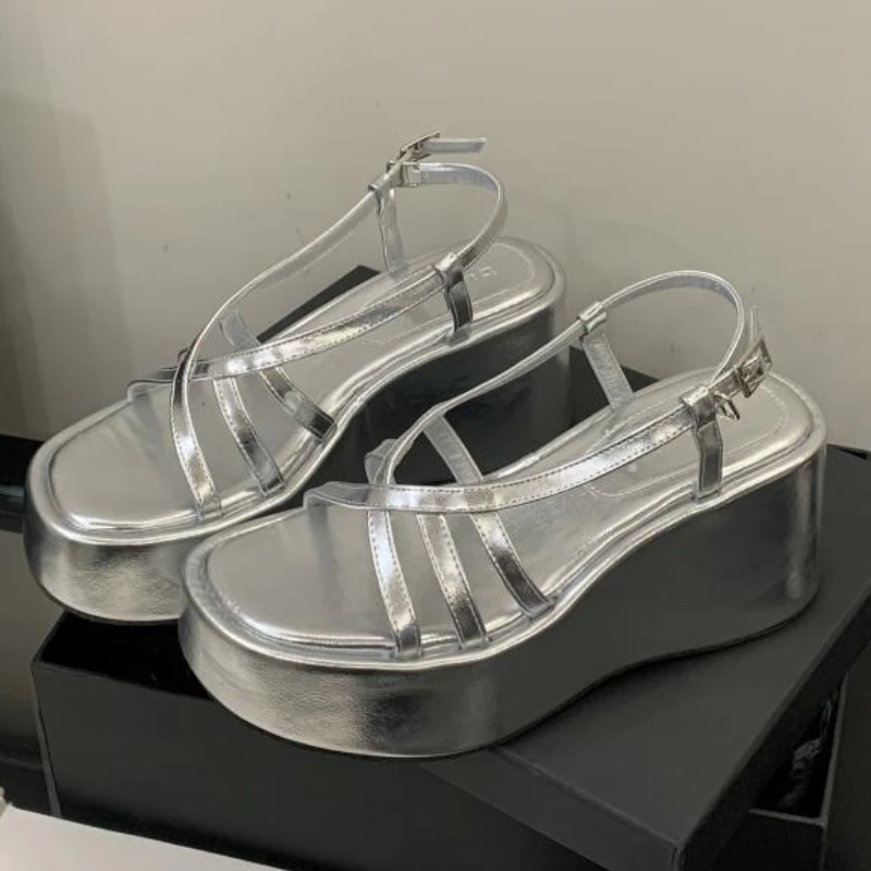 Silver Cross Tied Wedge Women Thick Heel Sandals 2025 Summer New Designer Open-toe Flat Roman Shoes Fashion Casual Office Sandal 32 S06a26a53b87d4fa1a958ec4febbc5a86V