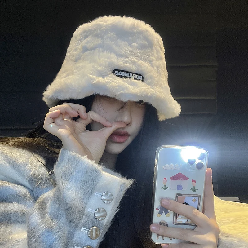 

White Lamb Hair Fisherman Hat Women's Autumn and Winter Fashion All-match Face Small Winter Thickened Warm Plush Basin Hat