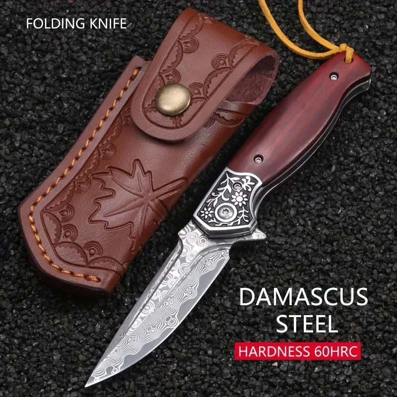 

Damascus Steel Handmade Folding Pocket Knife Rosewood Handle Outdoor Camping Hunting Knives Tactical Survival EDC Tool for Gifts