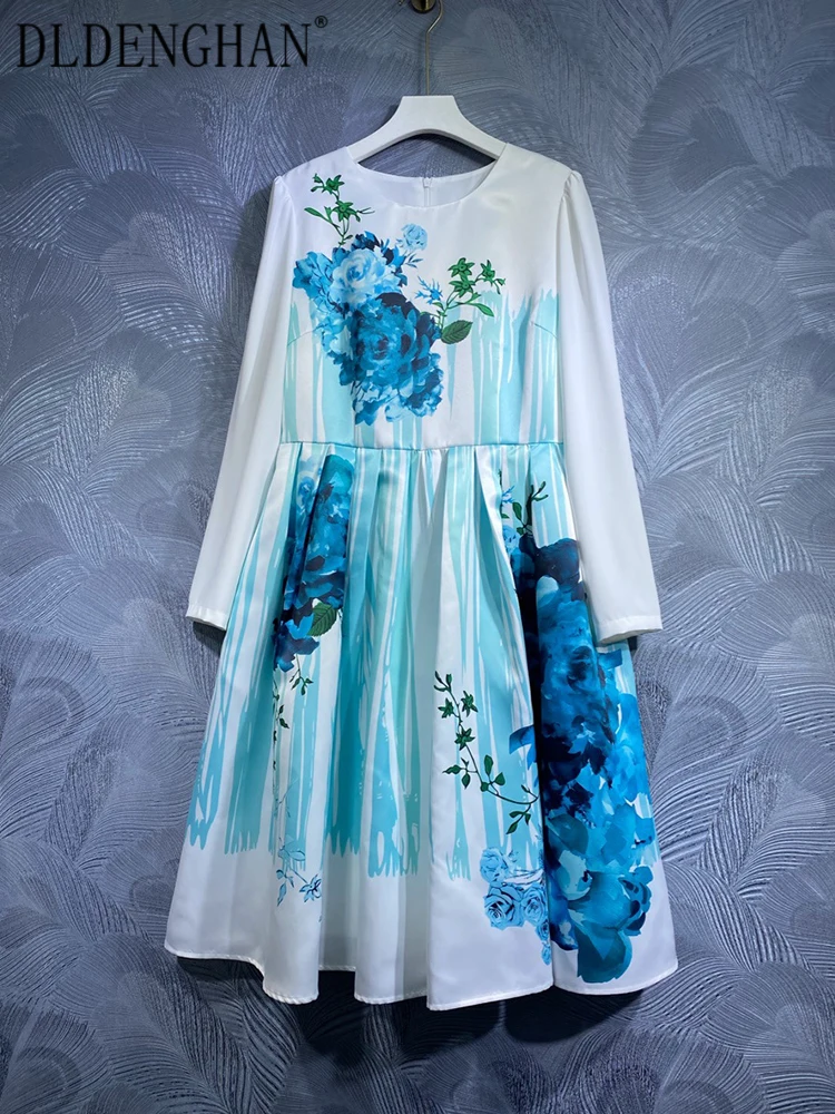 

DLDENGHAN Autumn Midi Dress Women O-Neck Long Sleeve Flower Print Elegant Party Dresses Fashion Designer New