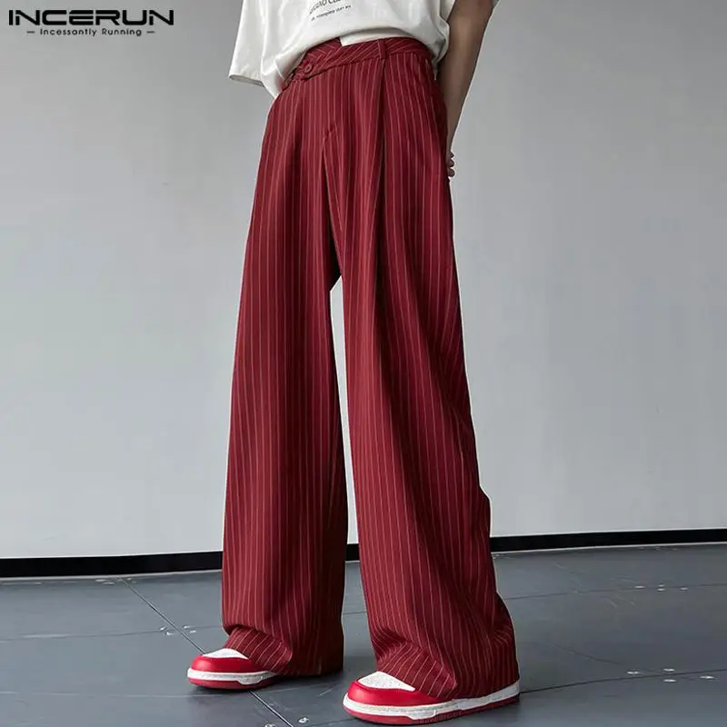 

INCERUN 2023 Korean Style Men's Pantalons Fashion High Waist Stripe Long Pants Casual Well Fitting Male Straight Trousers S-5XL