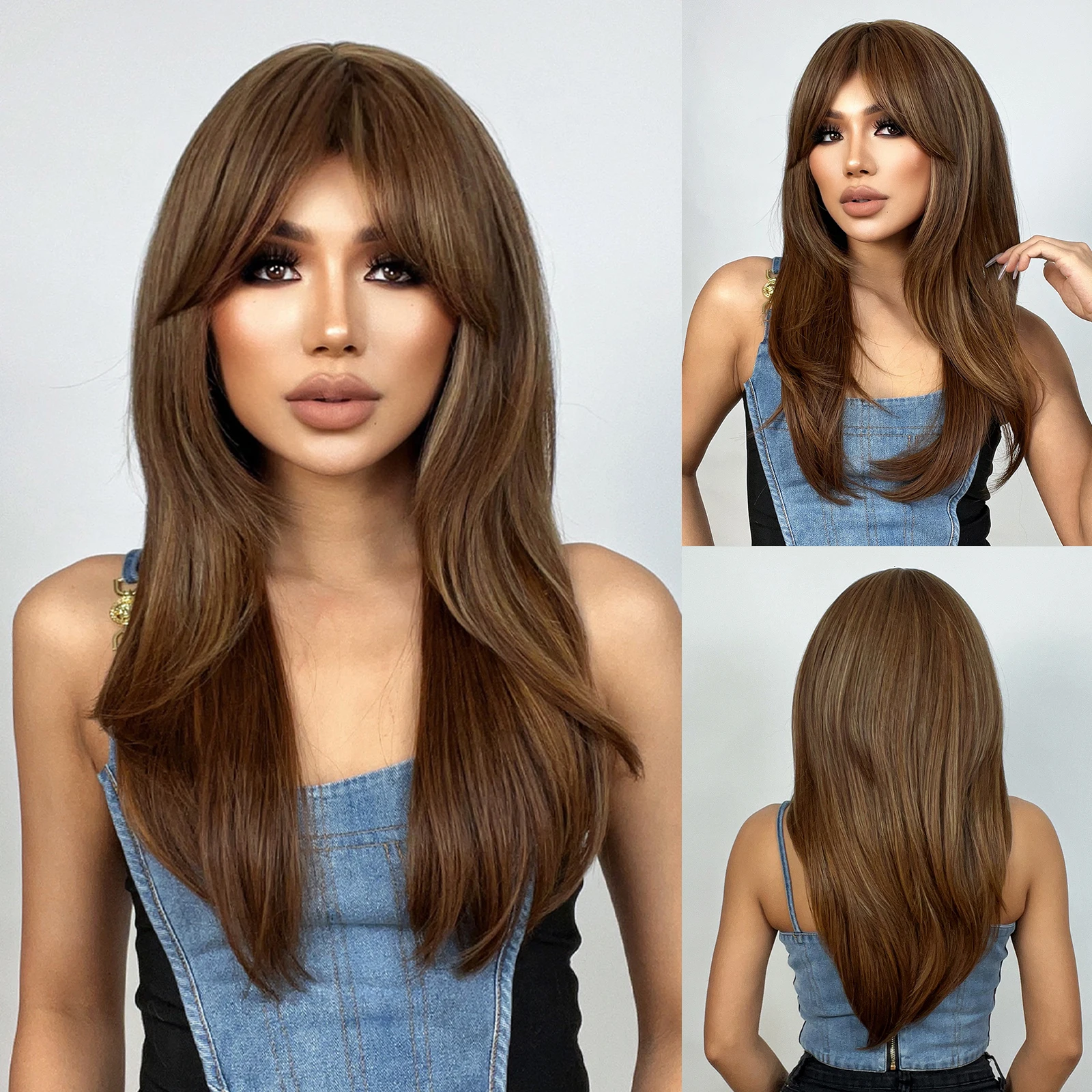 

Long Brown Straight Layered Wig with Bangs Natural Looking Soft Synthetic Wigs Daily Party Use Fake Hair High Temperature Fiber
