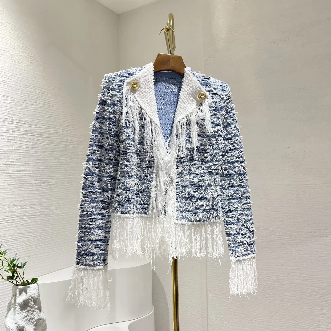 

Women Blue Fringed Tassels Long Sleeves Knit Tweed Open Front Jacket 2024 Spring Summer