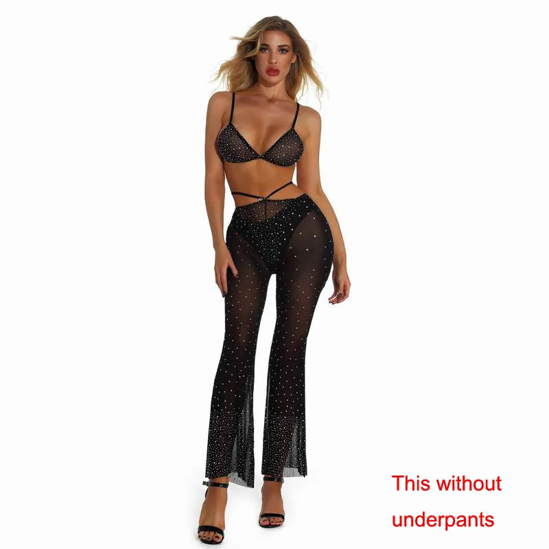 

Женский черный комплект нижнего белья с лямкой на шее, прозрачный тонкий сетчатый сексуальный экзотический комплект с брюками