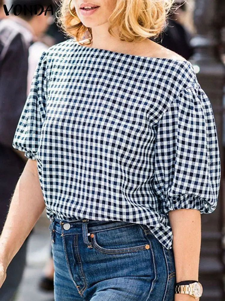 

Summer Tops VONDA Elegant Plaid Blouse 2024 Skew Collar Sexy Shirts Women Fashion Short Puff Sleeve Casual Loose Blusas Feminina