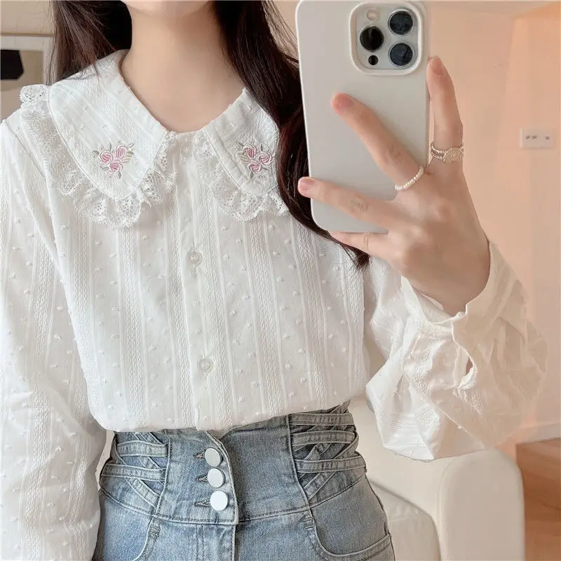 

2024Spring Autumn New Fashion Elegant Doll Face Long Sleeved Blouse Casual Versatile Western Solid Color Clothing Women Shirts