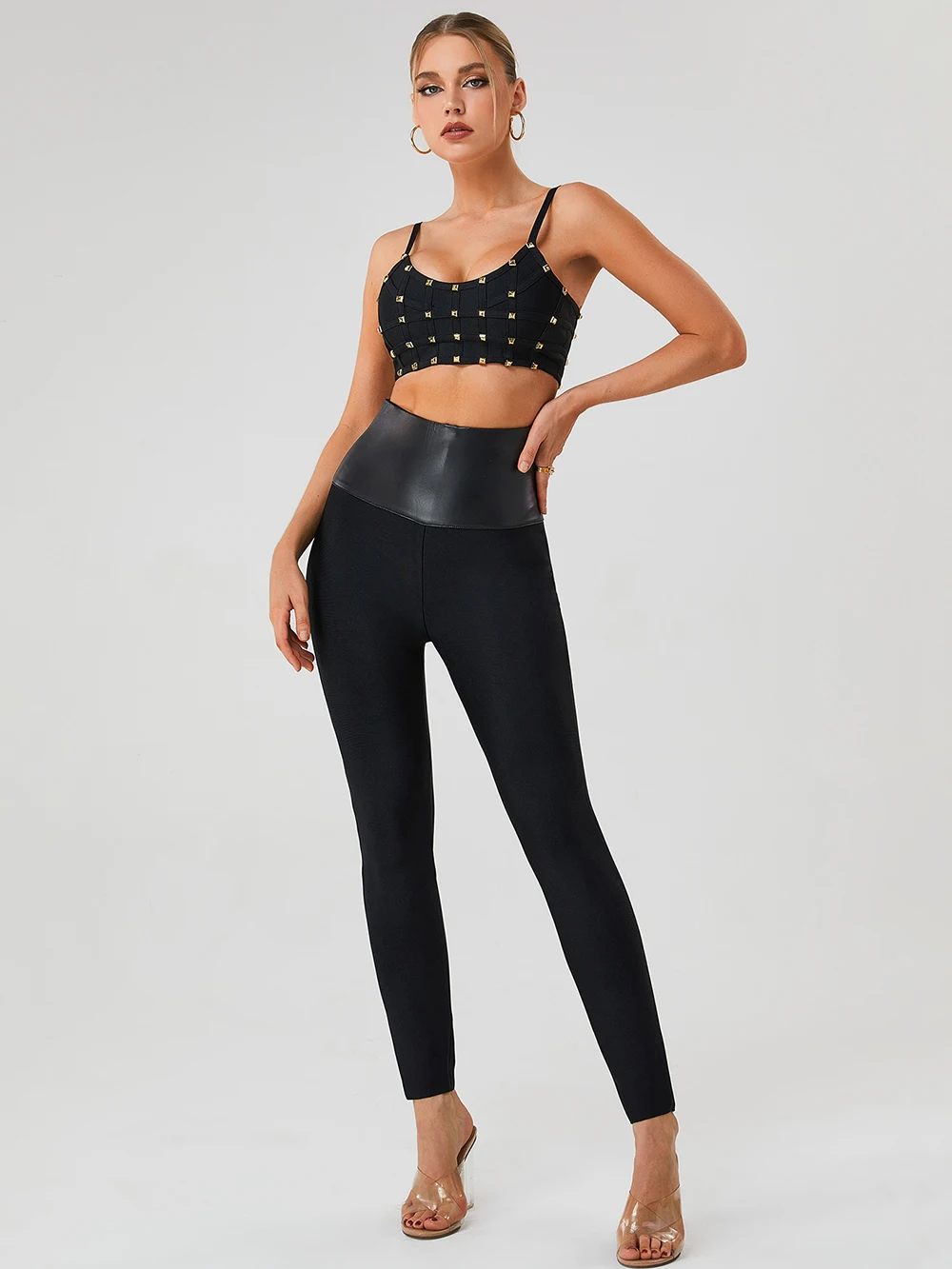 High Quality Black Rayon Bandage Pant Sexy Fashion Leather Patchwork Tight Pant High Waisted Pencil Pants Trousers 
High Quality Black Rayon Bandage Pant Sexy Fashion Leather Patchwork Tight Pant High Waisted Pencil Pants Trousers