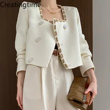 

Creatingtime 2022 Spring and Autumn New Fashion Tide Women's Square Collar Gemstone Single Breasted Long Sleeve Coat GA346