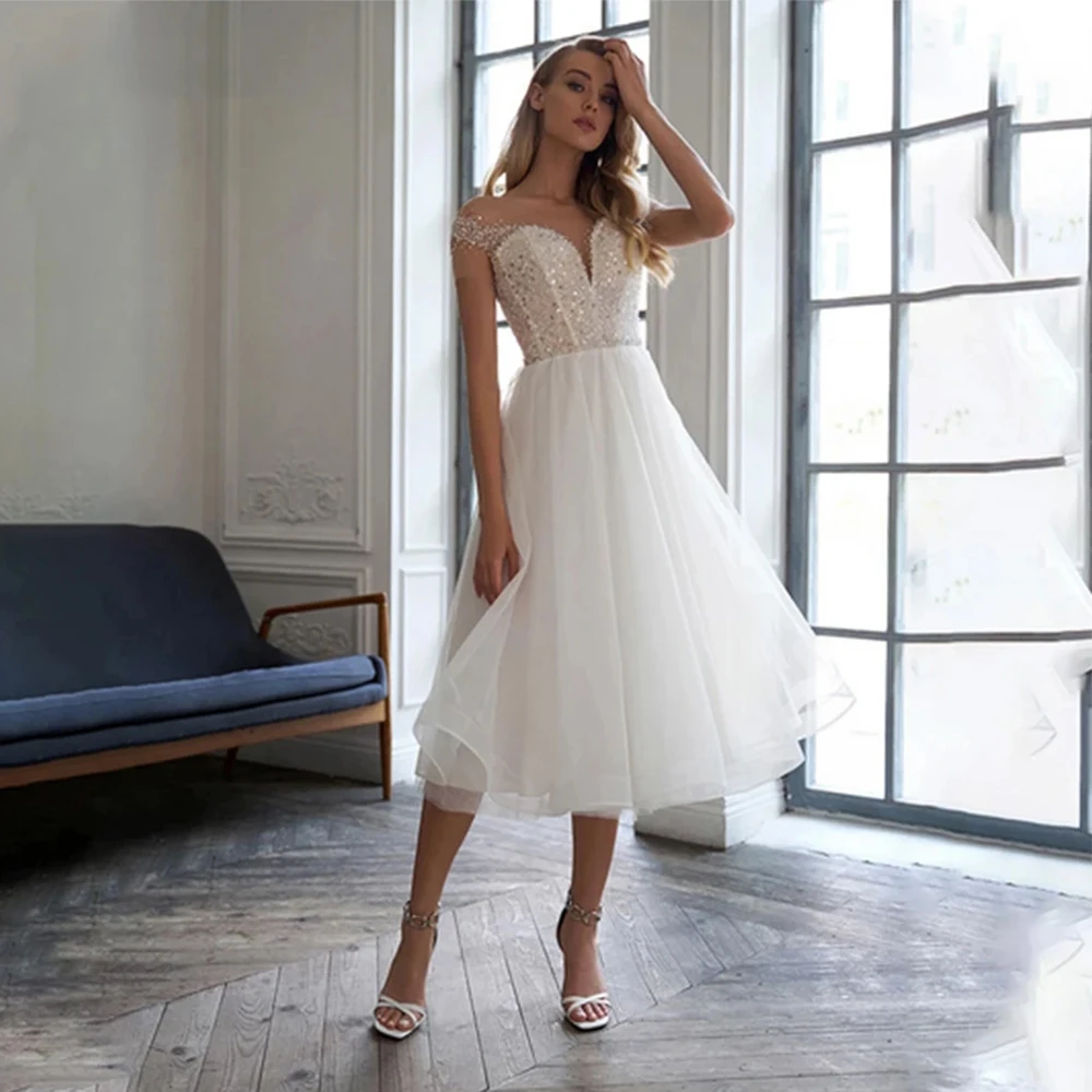

Женское свадебное платье с открытыми плечами, короткое ТРАПЕЦИЕВИДНОЕ платье из органзы, со шнуровкой на спине, 2023