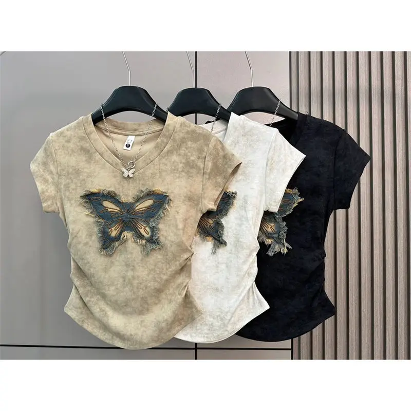 Vintage 2024 Summer Y2k Aesthetic Women T-shirts O Neck Short Sleeve Pleated Slim Tees Butterfly Embroidery Patchwork Crop Top
Vintage 2024 Summer Y2k Aesthetic Women T-shirts O Neck Short Sleeve Pleated Slim Tees Butterfly Embroidery Patchwork Crop Top