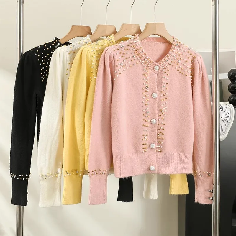 

Korean Fashion Niche Design Elegant Studded Beads Diamonds Short Sweater Cardigan Coat Women 2024 Autumn Knitwears Tops