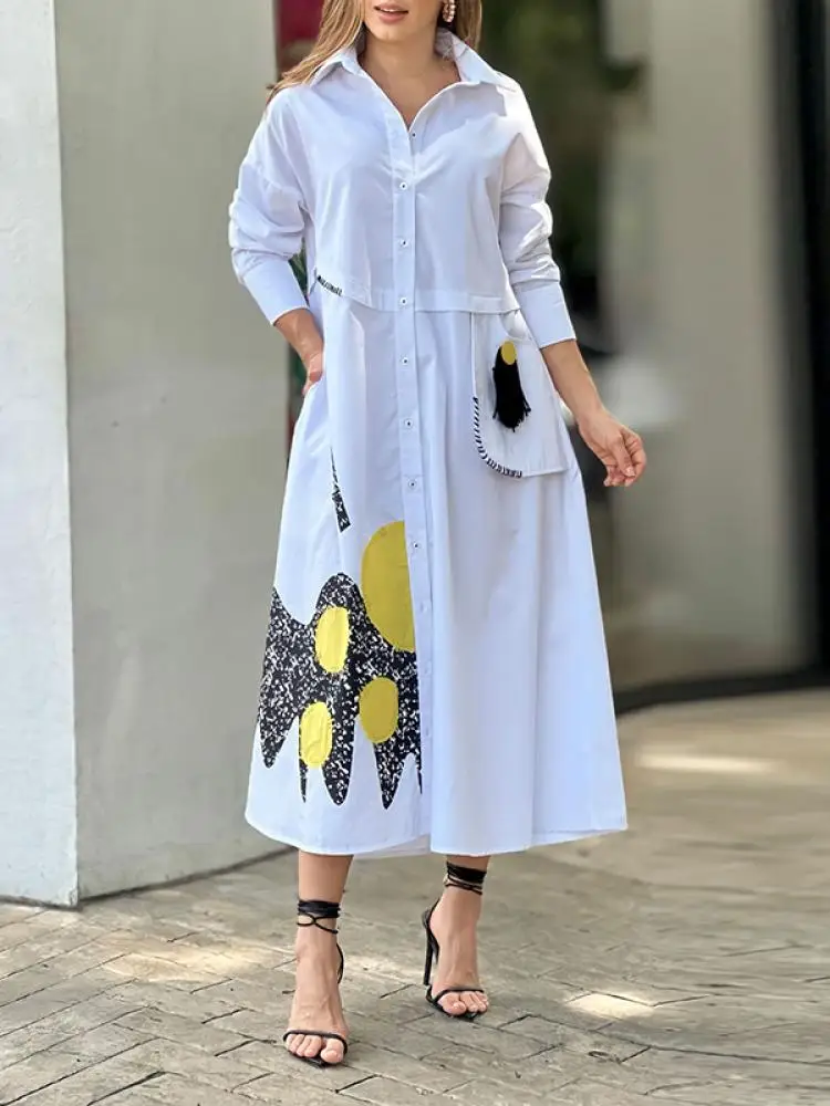 

Yeezzi Women Fashion Elegant Printed Lapel Shirt Dress 2024 New Spring Autumn Long Sleeves Loose Casual Going Out Midi Dresses