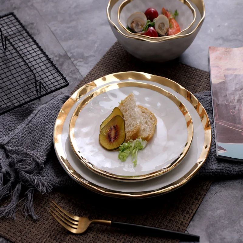 European-style ceramic gold-plated western steak plate creative dish plate round fruit flat salad plate household tableware
European-style ceramic gold-plated western steak plate creative dish plate round fruit flat salad plate household tableware