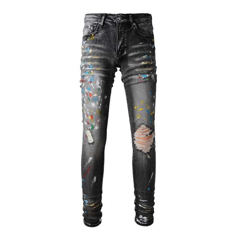 

Men Painted Holes Ripped Stretch Denim Jeans Streetwear Skinny Tapered Pants Distressed Gray Black Trousers