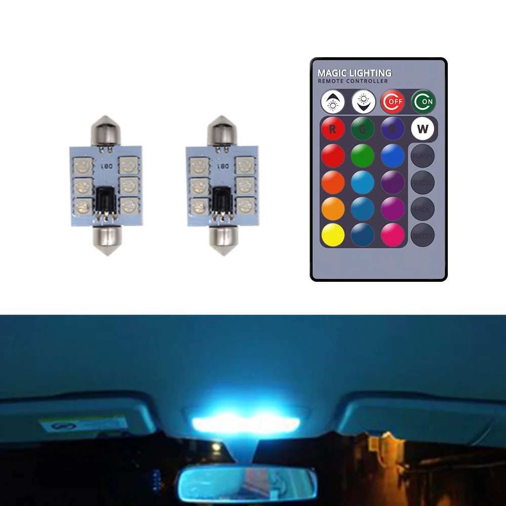 

2X C5w Car Led RGB 5050 6SMD 41mm Festoon Dome Door Lights Automobile Remote Controller Colorful Lamps Roof Atmosphere Bulbs