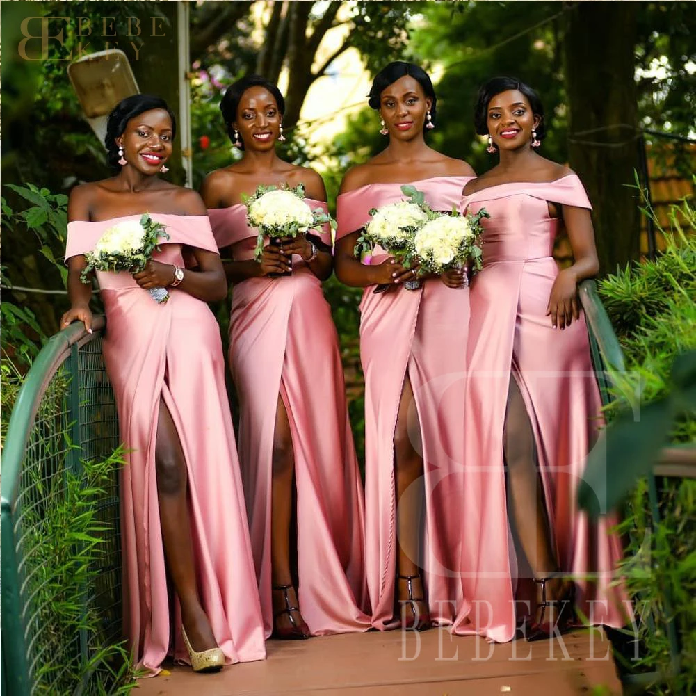 

Pink Satin Guest Wedding Party Dress Off the Shoulder Mermaid Ceremony Dresses for Bridesmaids Bridesmaid Robe Elegant Gowns