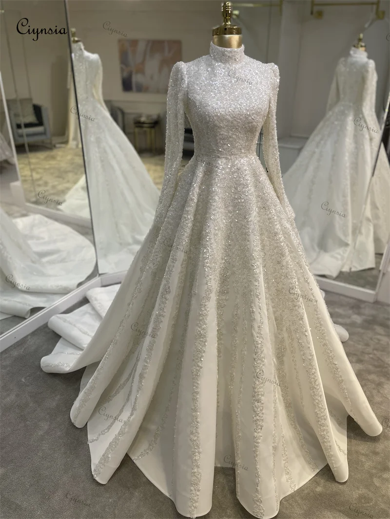 

Ciynsia Luxury Sequin Beaded Bridal Dress for Bride Long Sleeve High Neck Dubai Arabic Hijab Muslim Wedding Gown Robes De Mariée