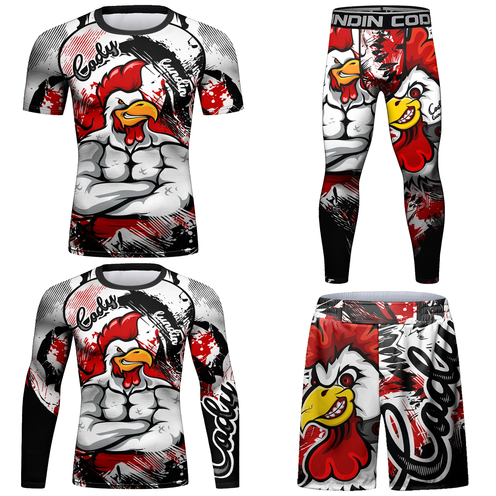 

Custom 4 in 1 Sportsuit Kickboxing Rashguard Jiu Jitsu T-shirt +Pant Set Men Bjj Gi Boxing Rash Guard Gym Muay Thai Shorts