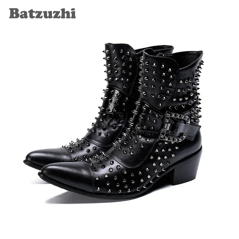 

Batzuzhi Western Boots Men Rock Punk Rivets Leather Boots Men Military Spikes Men botas hombre Motorcycle, Big Sizes EUR38-46