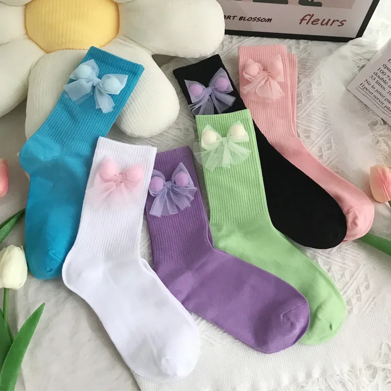 

Sweet Lolita Lace Bow Middle Tube Socks Candy Color JK Korean Soft Cotton Breathable Sock Casual Kawaii Princess Socks for Girl