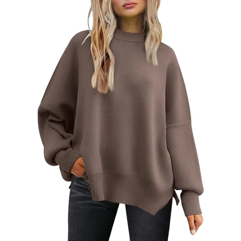 

Women's Crewneck Batwing Long Sleeve Sweaters Pullover 2023 Fall Oversized Ribbed Knit Side Slit Pullover Tops