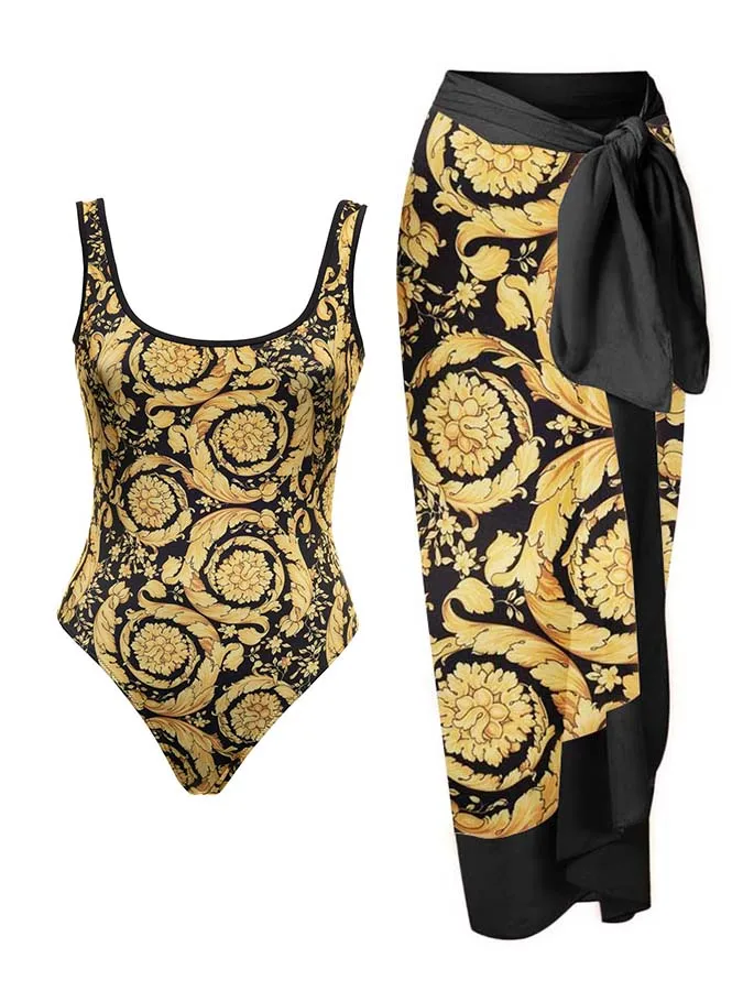 

2023 Floral Print One Piece Swimsuits Cover Up Sets Women's Fashion Slim Bikinis Luxury Swimwear Vacation Bathing Suit Beachwear