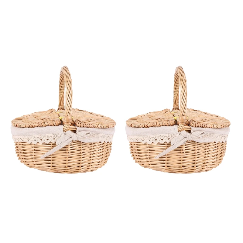 

New-2X Handmade Wicker Basket With Handle Wicker Camping Picnic Basket With Double Lids Storage Hamper Basket