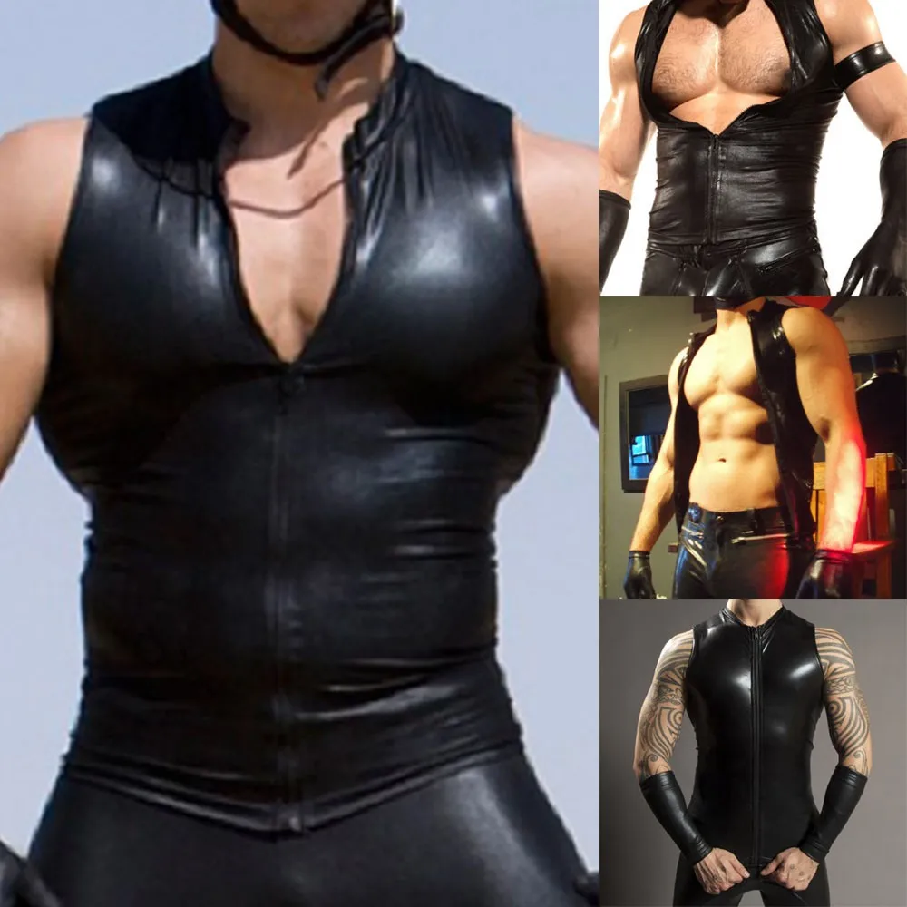 Mens Sexy Leather Shiny Sleeveless Zip T-shirt Tops Gay Fitness Slim Clubwear Party Nightclub Stage Dance Costume Vintage Vest
Mens Sexy Leather Shiny Sleeveless Zip T-shirt Tops Gay Fitness Slim Clubwear Party Nightclub Stage Dance Costume Vintage Vest