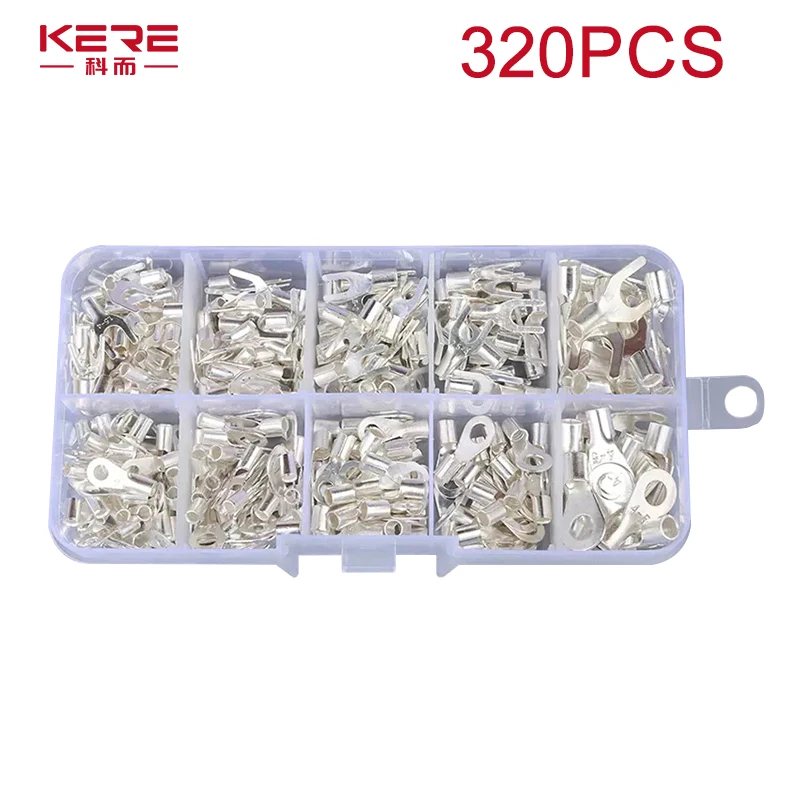 

KERE 320Pcs Boxed Ring Fork U-type Terminal Connector Cold Pressed OT/UT Crimp Terminals Copper Nose Wiring Fork Set