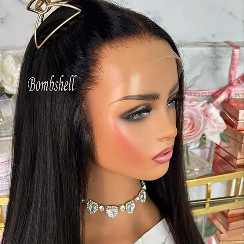 

Bombshell Jet Black Silky Straight Synthetic 13X4 Lace Front Wigs Glueless Heat Resistant Fiber Hair For Women Daily Use Wigs