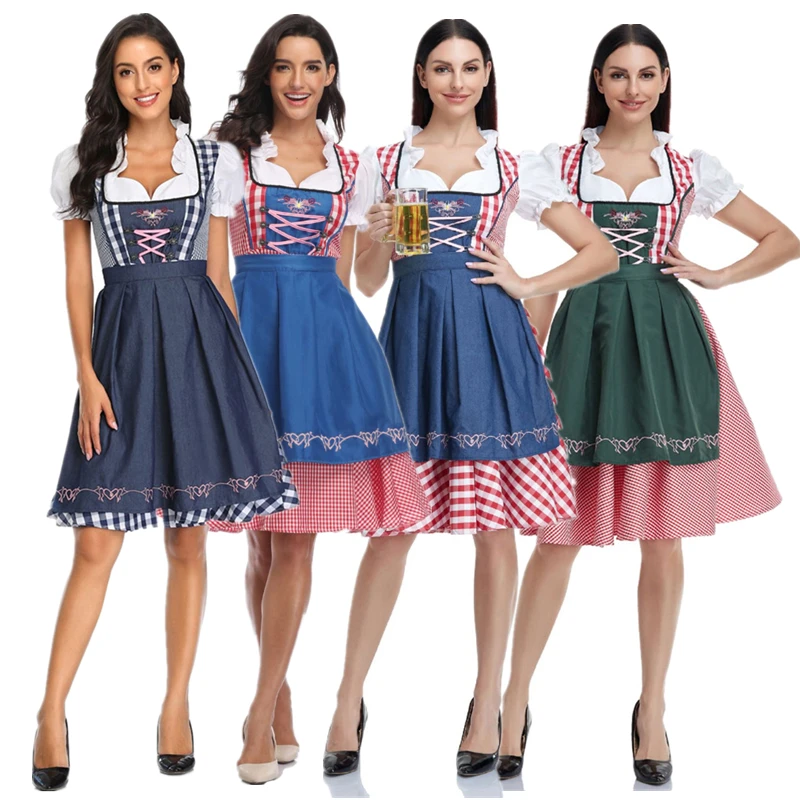 

New Traditional Bavarian Oktoberfest Costumes Plaid Dirndl Dresses Women Apron Dress German Beer Wench Maid Cosplay Party Dress