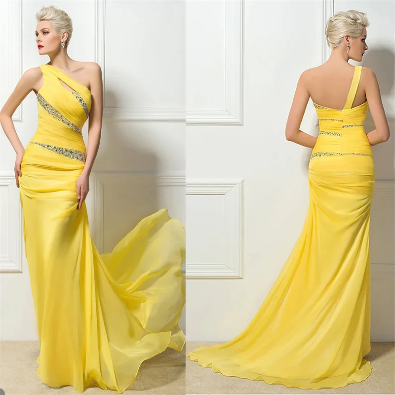 

Yellow One Shoulder Pleats Sequined Prom Gowns Mermaid Evening Dresses African Backless Sweep Train Formal Dress