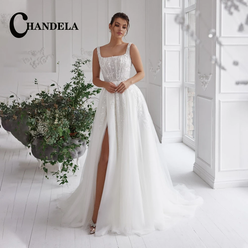 CHANDELA Graceful Square Collar Wedding Dresses A Line Sequines Tulle Slit Backless Sleeveless Custom Made Vestido De Casamento
CHANDELA Graceful Square Collar Wedding Dresses A Line Sequines Tulle Slit Backless Sleeveless Custom Made Vestido De Casamento