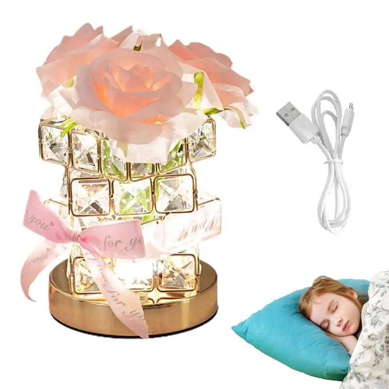 

Настольная лампа в виде Розы, искусственный кристалл, 3 цвета, функция ночного видения, Реалистичная противоскользящая искусственная Роза, букет