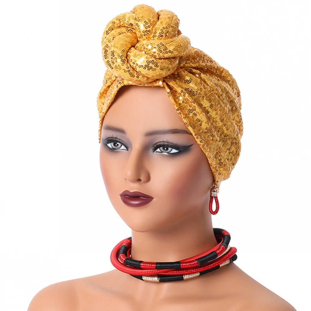 

Ready African Auto Gele Headtie Sequin Women's Turban Cap Nigeria Wedding Geles Muslim Head Wraps Bonnet Turbante Mujer 2024