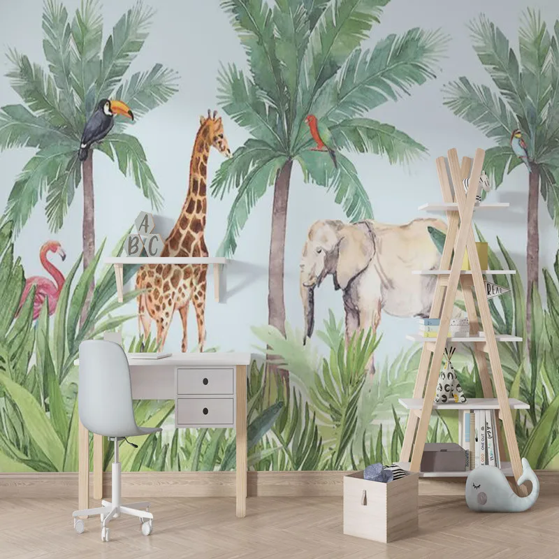 

Custom Jungle 3D Wallpaper Murals Lion Elephant Animals for Children Living room 3d Leaf Wall paper Cartoon Stickers Home Decor