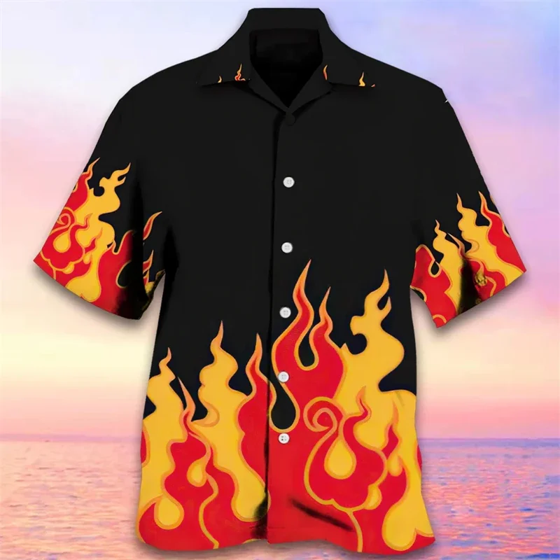 

Мужская рубашка с 3D-принтом пламени, Повседневная гавайская рубашка с коротким рукавом, модная пляжная рубашка с лацканами для отпуска, мужская летняя одежда, 2024