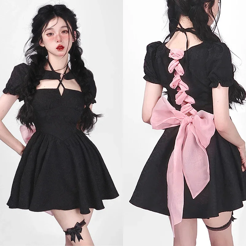 

Женское платье в стиле каваи, Лолита Y2K, элегантное готическое Новое корейское модное винтажное милое мини-платье черного и розового цвета с бантом и пышными рукавами, лето 2022