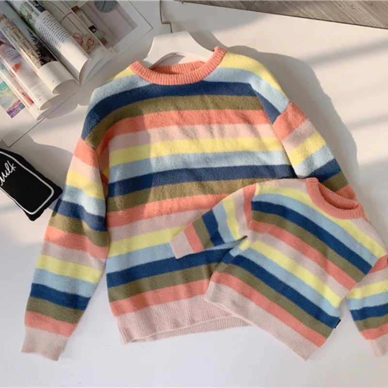 

Mother And Son Sweaters Mom And Daughter Equal Knit Jumper Tops Women Autumn Pullover Baby Girl Boy Rainbow Knitwear Clothes