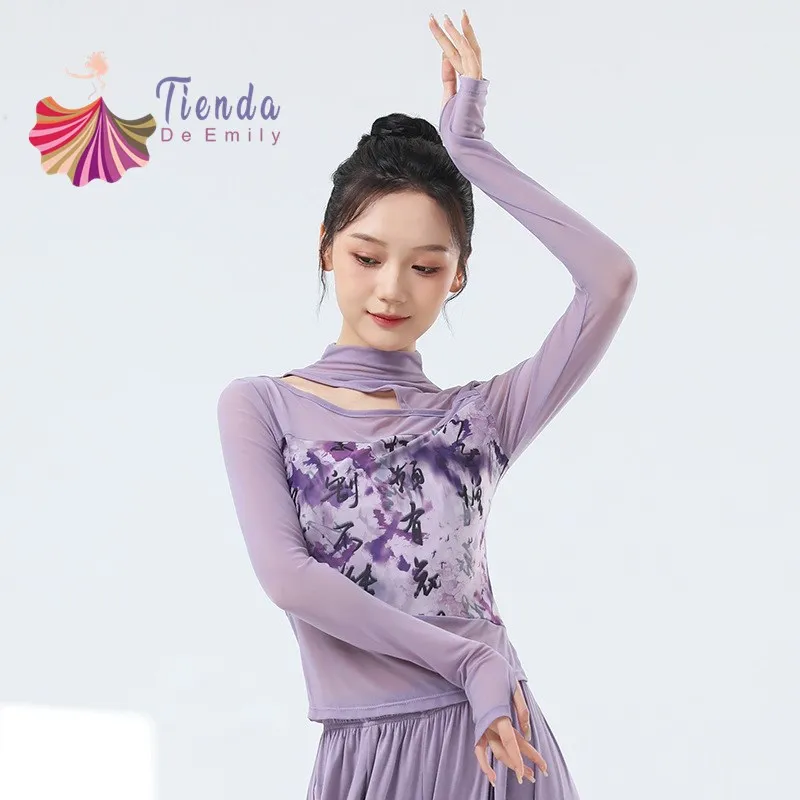 

Chinese Calligraphy Print Cheongsam Short Gauze Shirt Thumb Finger Hole Sleeve Women Classical Modern Dance Top Sexy Transparent