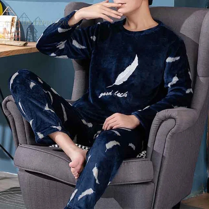 

Autumn Winter Flannel Boy Sleepwear Thermal Velvet Feather Print Men's Pajama Sets Casual Pjs Male Loungewear Pyjamas Nightwear