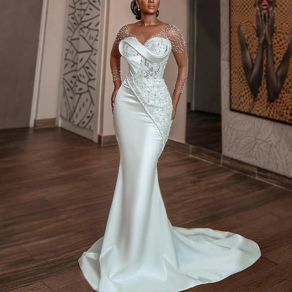 

African Satin Mermaid Wedding Dresses for Bride Sheer Neck Long Sleeve Appliques Beading Garden Country Women Civil Bridal Gowns