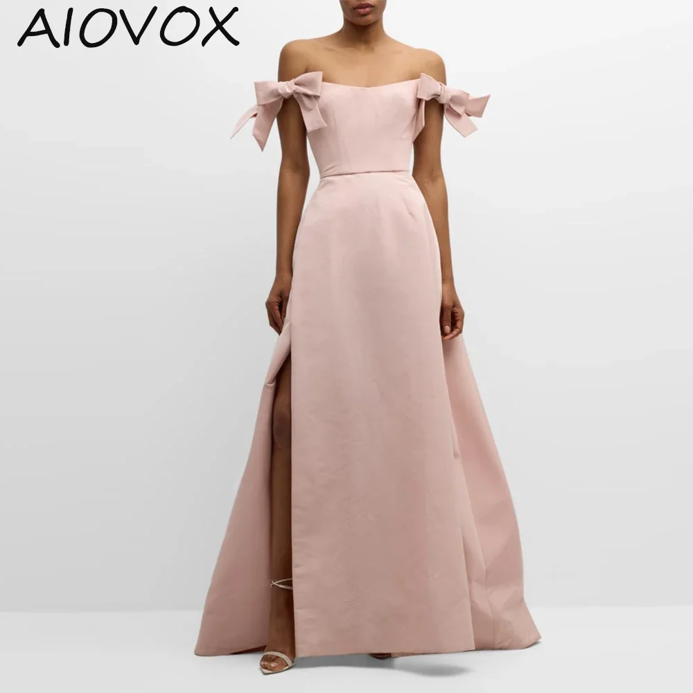 

AIOVOX A-line Party Dresses Floor-Length Simple Charming Side Slit Off The Shoulder Detachable Bow 2024 فساتين للحفلات الراقصة