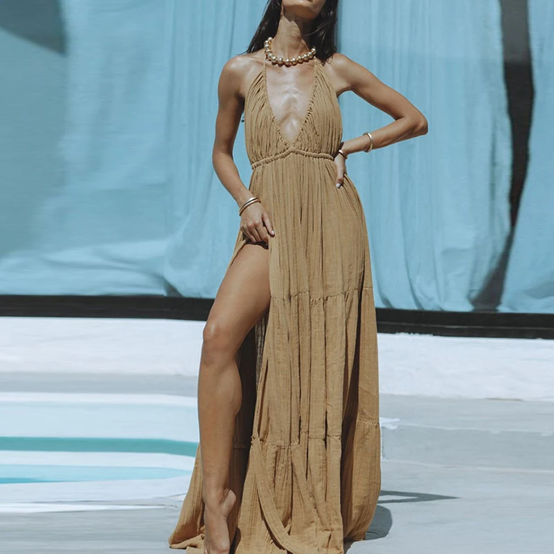 Sexy Women's V Neck High Waist Beach Dress New Summer Hollow Backless Pleated Dress Casual Sleeveless Solid Color Robe Dresses
Sexy Women's V Neck High Waist Beach Dress New Summer Hollow Backless Pleated Dress Casual Sleeveless Solid Color Robe Dresses
